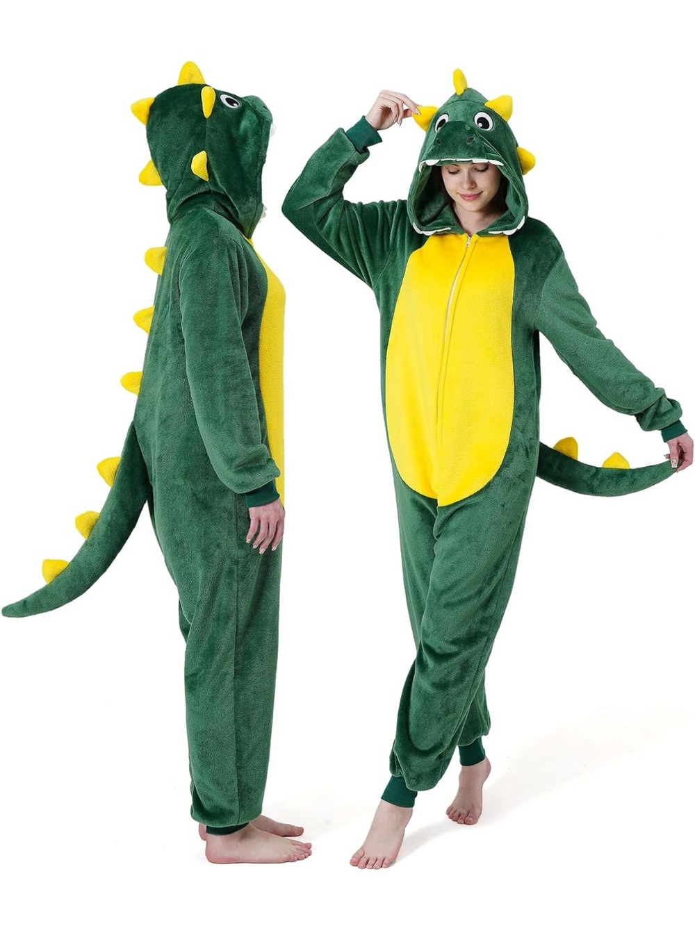 Kids Green & Yellow Dinosaur Onesie Costume - Hooded Dragon Pajama